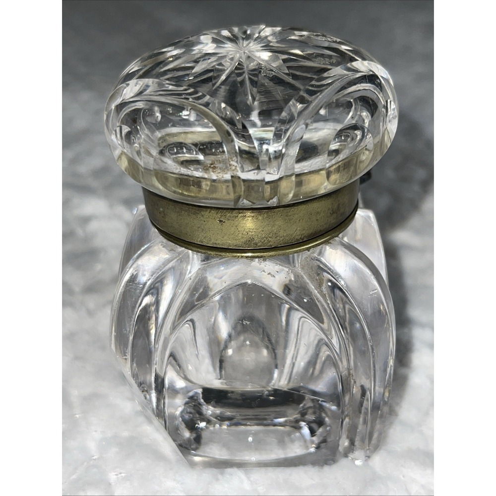 Antique Crystal Cut Glass Inkwell Asprey‎ Co. ?   Brass Hinged Lid 19th Century - Picture 6 of 11